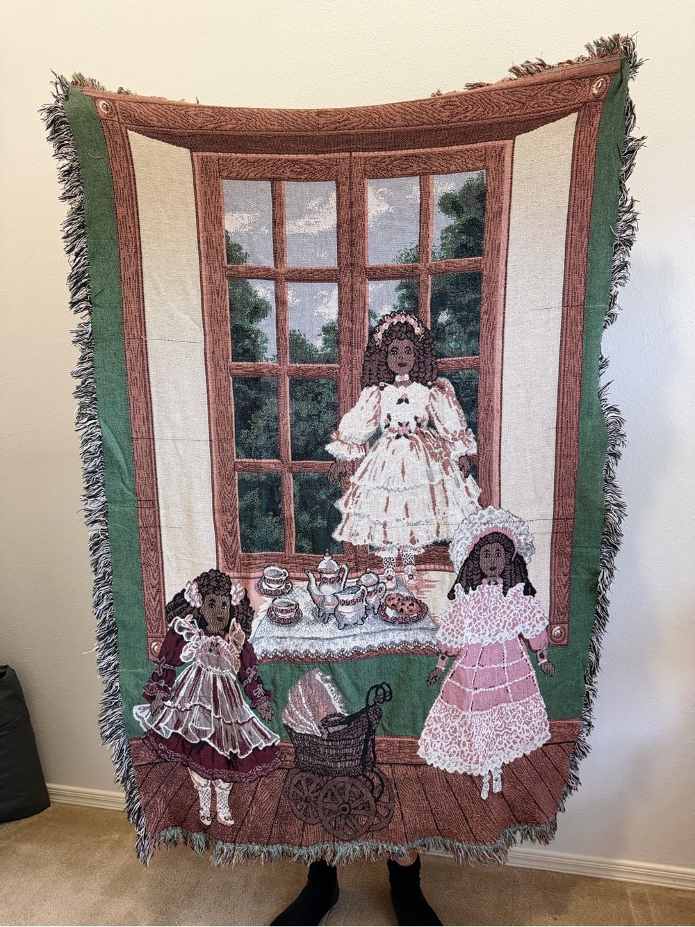 Vintage Chatham Porcelain Dolls Tapestry Woven Throw Blanket 70” X 44” Cotton
